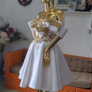 Short White Gold Lace Appliques Prom Dress